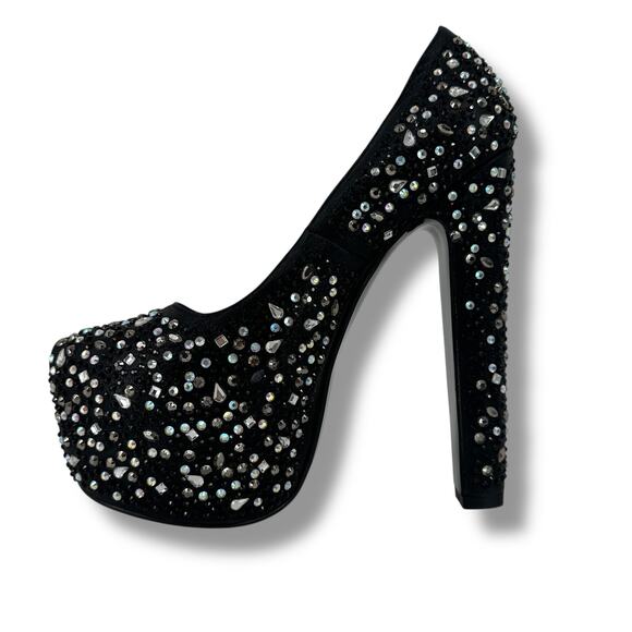 Delite Caroline Black Rhinestone Platform Pumps Heels Womens Size 38 7.5 8 - Picture 4 of 12
